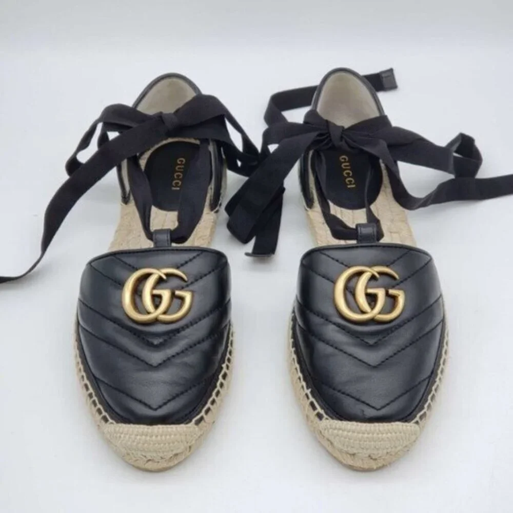 Authentic Gucci GG Marmont Espadrille Sandals Black Leather Gold Logo Brand New